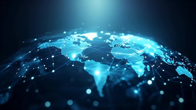 A stunning visual representation of global connectivity and communication on a blue illuminated world map