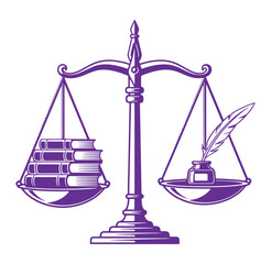 Purple illustration of balance scale with books and writing quill on either side
