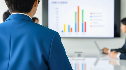 Rear View of Japanese Business Professional Presenting Data in Meeting