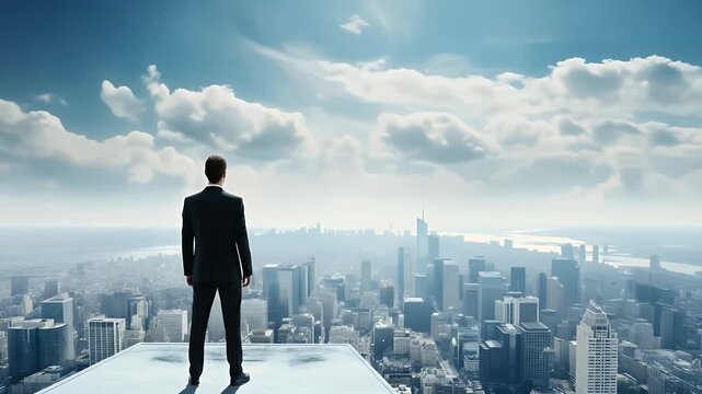 A businessman stands on a rooftop, gazing out at a sprawling modern cityscape under a cloudy sky, evoking feelings of ambition and success.