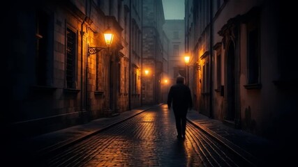 A lone figure walks down a dimly lit alleyway at night, lined with buildings and street lamps casting warm orange glow on wet pavement. Perfect for films, thrillers, and mystery stories.