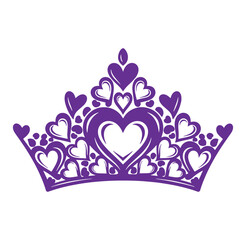 Purple tiara with hearts isolated on transparent background for valentines day or royalty symbol