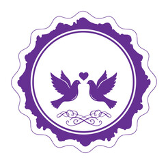 Purple wedding logo with two doves and heart on white background