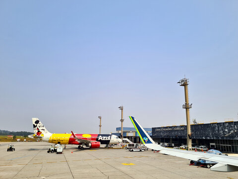 An Azul Airlines plane, with a Walt Disney character painted on its tail, being prepared at Guarulhos Airport in the state of S&atilde;o Paulo.