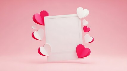 Blank photo frame surrounded by floating pink and white paper hearts on a soft pink background, valentine day