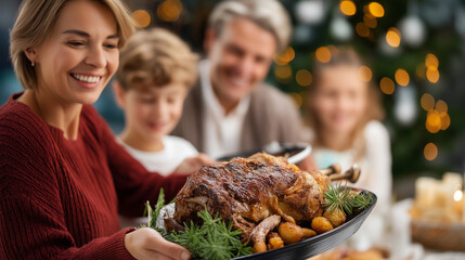 Family smiling while serving roasted lamb faceless, cinematic feast lifestyle, relatives offering cooked meat, festive celebration, defocused background, with copy space