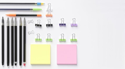 Pens, Binder Clips, Sticky Notes Flat Lay