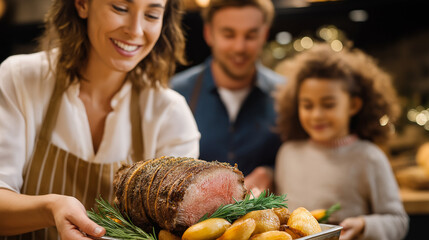 Family smiling while serving roasted lamb faceless, cinematic feast lifestyle, relatives offering cooked meat, festive celebration, defocused background, with copy space