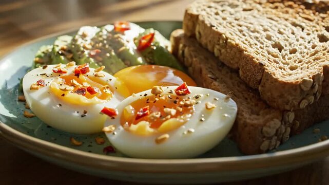 Breakfast plate with eggs toast and avocado on wooden tabletop