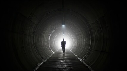 A lone figure walks towards the light at the end of a dark tunnel. This image creates a feeling of mystery, hope and overcoming challenges. The overall mood is dramatic and impactful.
