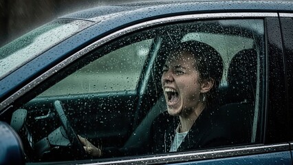 A woman in the car is screaming in fear under heavy rain. The scene captures the intensity of an unexpected experience. The raindrops are visible on the windshield, adding to the drama