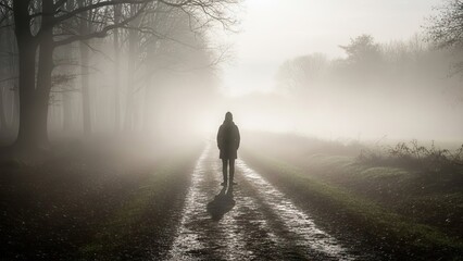 A person walking alone down a misty path in a forest. The scene evokes a feeling of solitude and mystery
