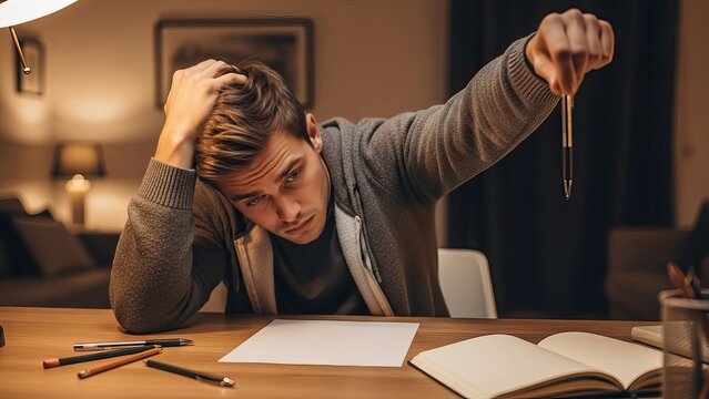 A thoughtful man with pen sitting at the desk with papers and book in the room. He looks worried and in deep thought. Fighting depression. - Powered by Adobe