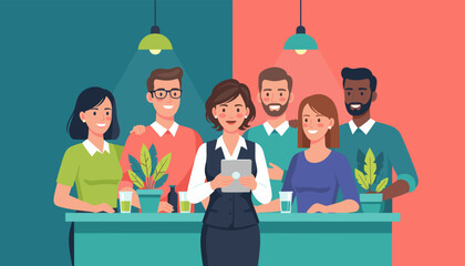 Diverse corporate team collaborates led by a professional woman using a tablet in a modern colorful office or cafe