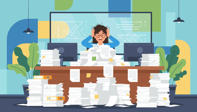 Stressed worker buried in paperwork Huge office workload burnout and emotional pressure concept