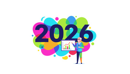 Senior businessman presents 2026 financial growth chart on a vibrant colorful background