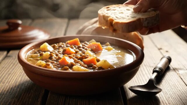 Close up of a hand dipping bread into a bowl of vegetable soup