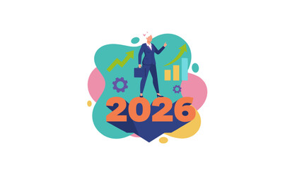 Professional businesswoman standing on 2026 representing business success future vision and financial growth planning