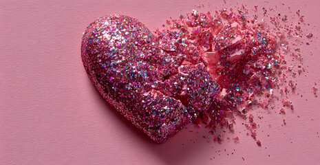 Glitter heart dissolving into pieces on pink background. Valentines day, broken heart and love emergence concept . Living coral theme - color of the year 2019