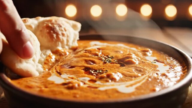 Close up of a steaming orange curry dish with flatbread