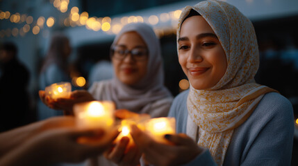 Muslim family breaking fast together faceless, evening of love connection and togetherness, surrounded by candlelight and gratitude, Ramadan iftar, defocused background, with copy 