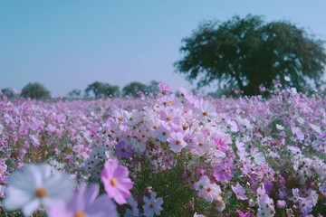 Fototapeta premium Field of vibrant pink flowers under a clear sky in bright sunlight
