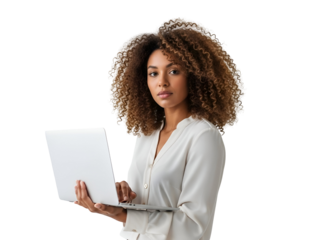 Professional African American woman with stylish curly hair holding a silver laptop, exuding confidence and focus, ideal for business and tech themes, isolated on transparent background.
