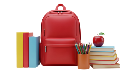 Vibrant Red School Backpack with Colorful Books, Pencils, and Apple for Back to School Education Concept, Modern 3D Render, isolated on transparent background.