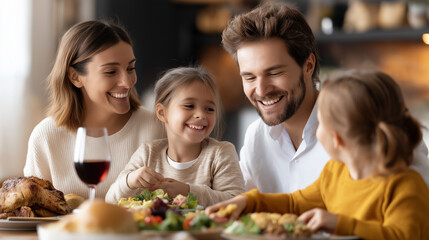 Joyful family sharing meal faceless, happiness togetherness dining at home, family bonding, mealtime celebration, defocused background, with copy space