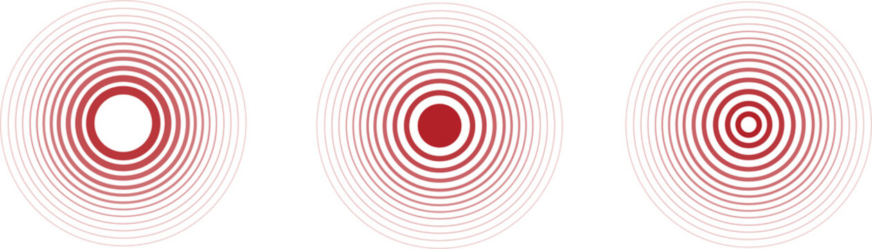 Abstract concentric circle pattern with red radial lines forming optical ripple effects on a white background. Minimal geometric design creating a sense of vibration, depth, and motion.