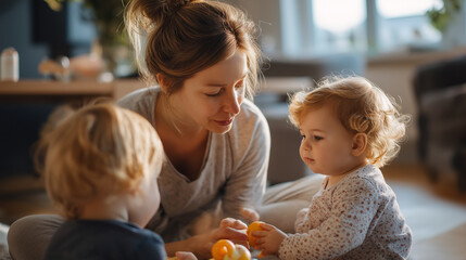 Fototapeta premium Mother and children playing at home faceless, children's play activity, family bonding, domestic joy, defocused interior, with copy space