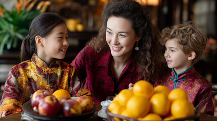 Fototapeta premium Family wearing traditional clothing enjoying conversation faceless, sharing diverse fruits and tea around wooden table, warm home interior defocused, with copy space