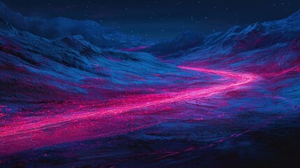 A surreal landscape featuring a glowing pink river winding through dark blue, abstract mountains under a starry night sky.