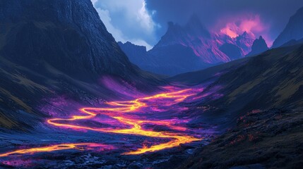 A vibrant river of glowing orange and purple lava flows through a dark, mystical mountain valley under a dramatic sky.