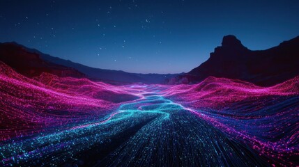 A vibrant, futuristic digital landscape at night with glowing pink and blue particles forming a river-like path through mountains under a starry sky.