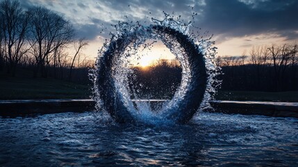 A dynamic circular water feature splashing in a pool against a dramatic sunset sky with silhouetted trees.
