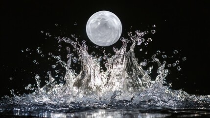 A frozen sphere captured mid-air above a dynamic water splash against a dark background.