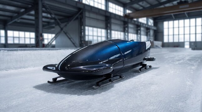 Sleek Blue Bobsled Resting on Ice Track Inside Industrial Building Ready for Winter Sport Competition