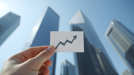 Hand holding card with rising graph in front of modern skyscrapers on a clear day
