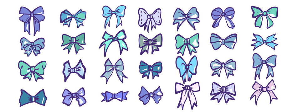 Cute hand drawn doodle bow and ribbon set in pastel blue and purple colors. Perfect for stickers, branding, fashion, wedding, gift wrapping, kids design, scrapbooking, and creative digital project.