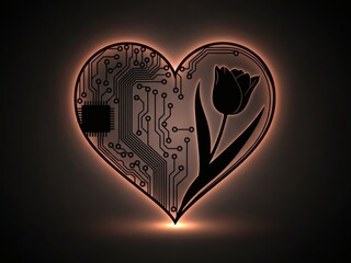 Black Silhouette Hybrid Circuit Heart with Tulip, February Valentine's Day Tech Romance Symbol