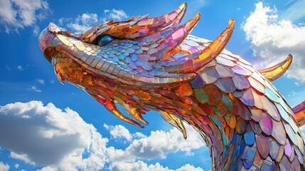 Majestic colorful dragon sculpture with iridescent scales against a bright blue sky and white clouds.