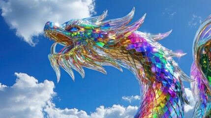 A majestic, iridescent dragon sculpture with scales shimmering in a rainbow of colors, set against a vibrant blue sky with fluffy white clouds.