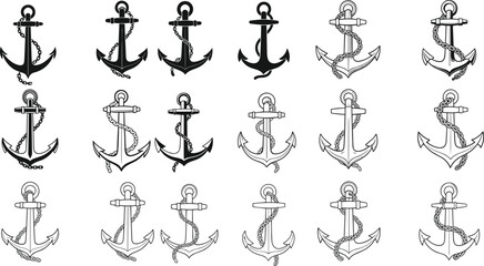 Nautical anchor silhouette and line art collection with marine ropes, classic maritime symbols for tattoo design, sea navigation elements, vintage vector illustration © Fazlul