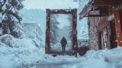 A person walks through an ornate frame into a snowy forest path, surrounded by a winter landscape and a rustic building.