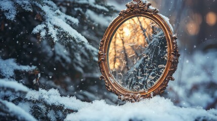 An ornate golden mirror reflecting a warm sunset scene, standing in fresh snow amidst frosted winter trees.