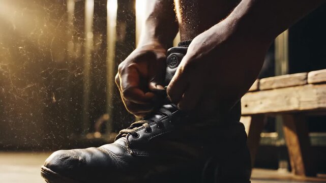 Man tying black leather boots in locker room photography