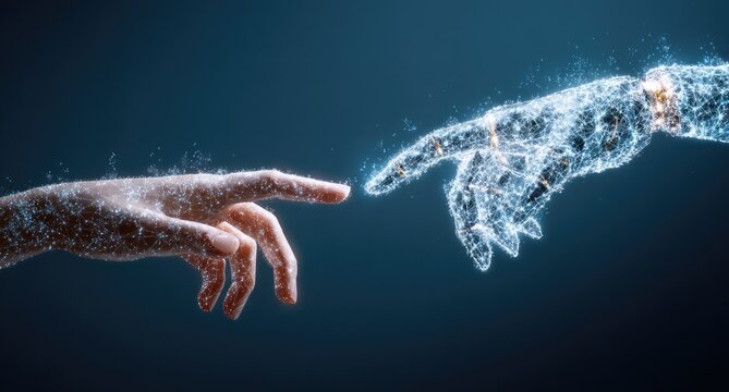 Hands connecting digital and human touch creation concept illustration