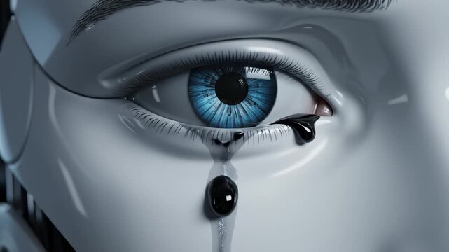 Close Up of Crying Robotic Eye With Blue Iris and Black Tears