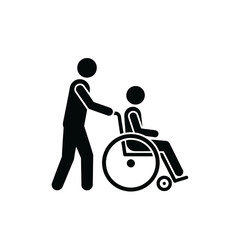 Fototapeta premium caregiver pushing patient in wheelchair silhouette icon for medical and disability services